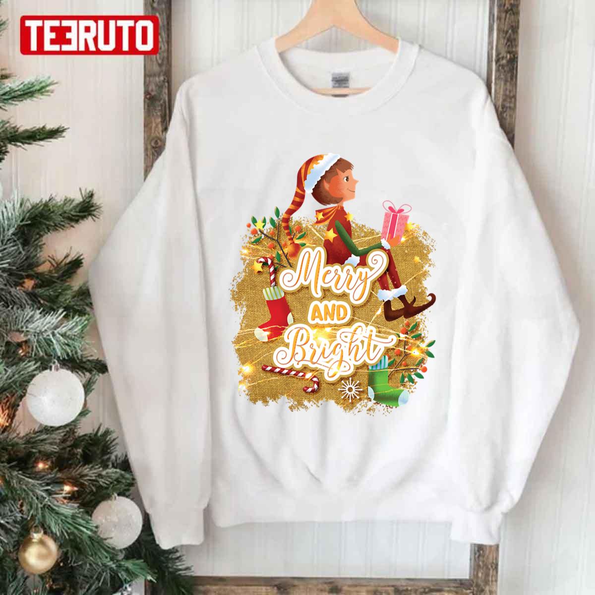 Cartoon Art Merry And Bright Christmas Saying Design Ktnjk Unisex Sweatshirt