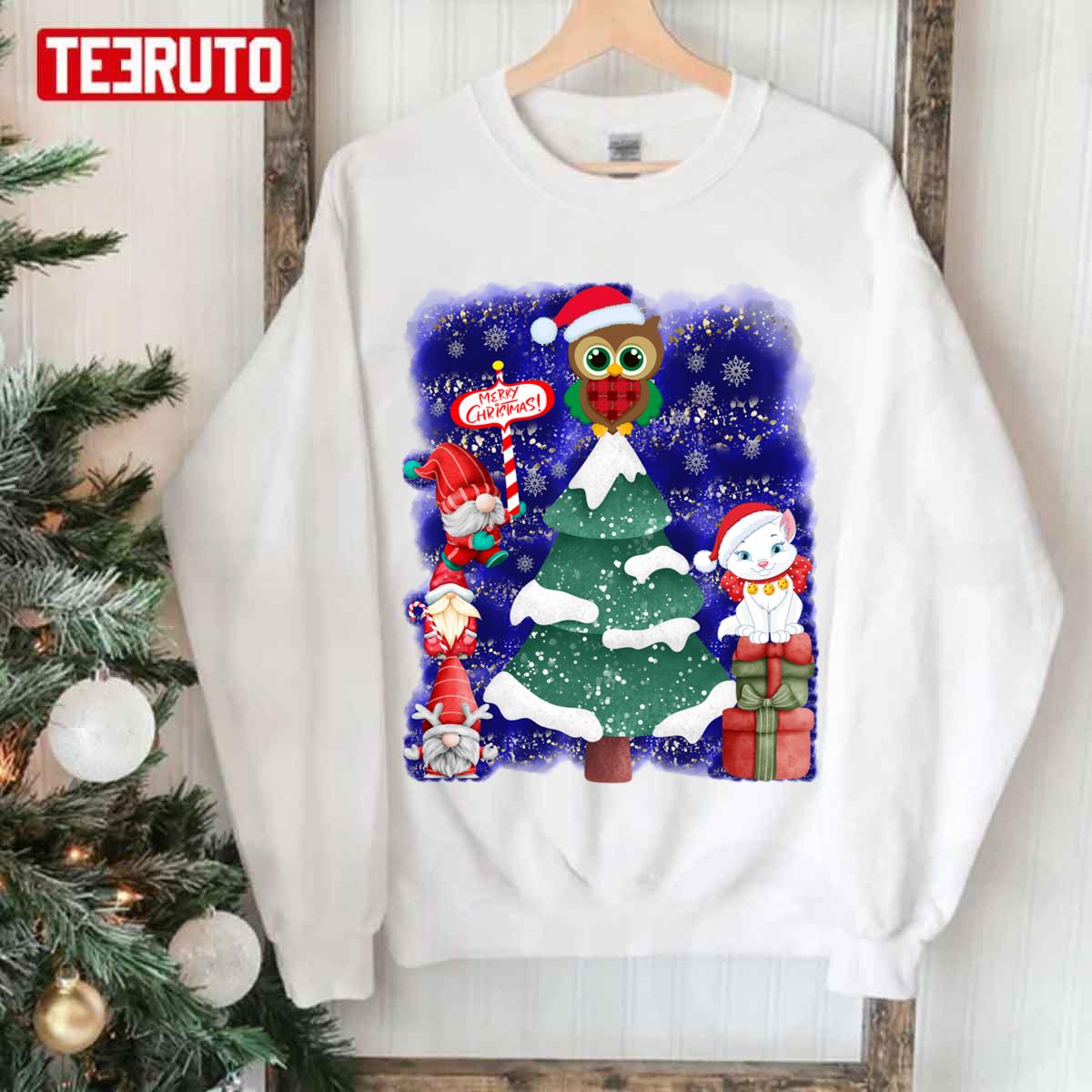 Cat And Owl Gnome Flocked Christmas Tree Merry Christmas Unisex Sweatshirt