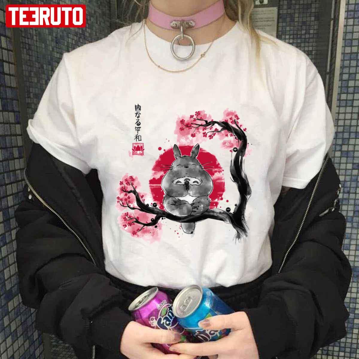 Cute Totoro Cherry Blossom Stree Japanese Art Unisex T-shirt