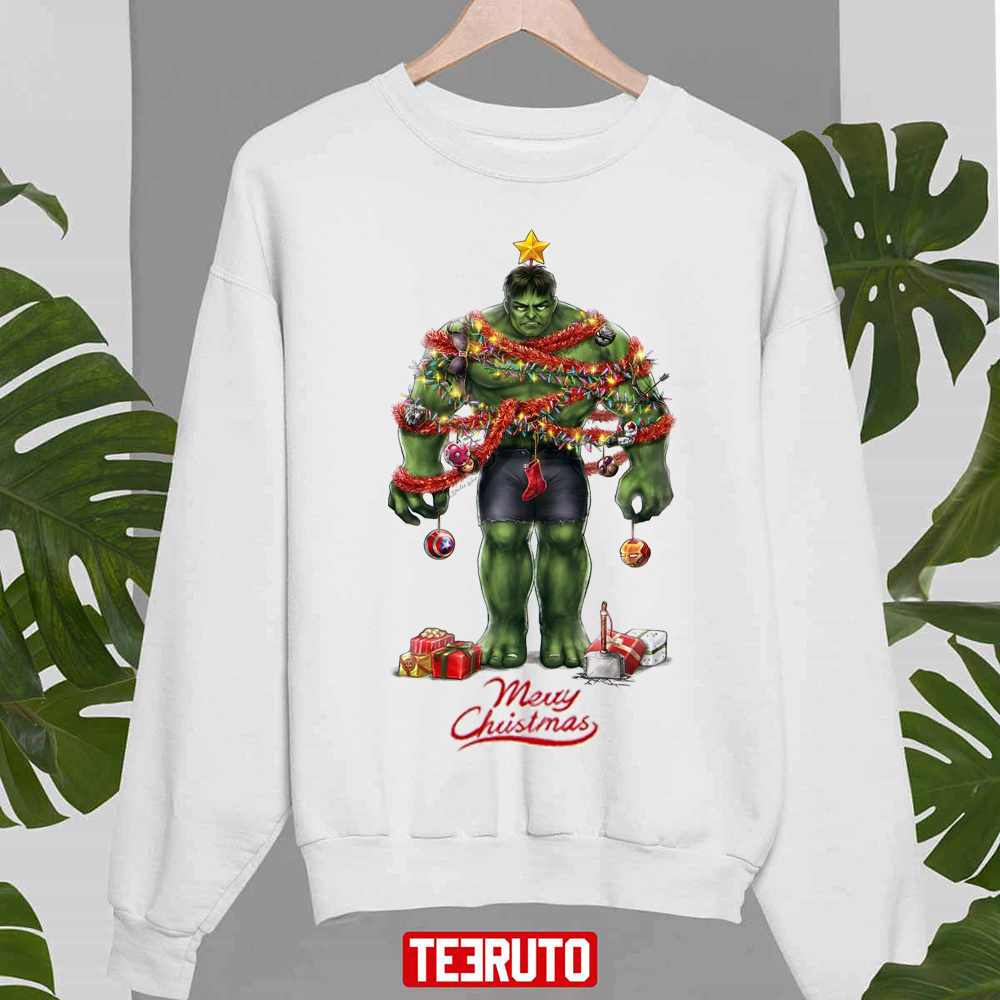 Green Hulk Christmas Tree Design Ironman Head Marvel Unisex Sweatshirt