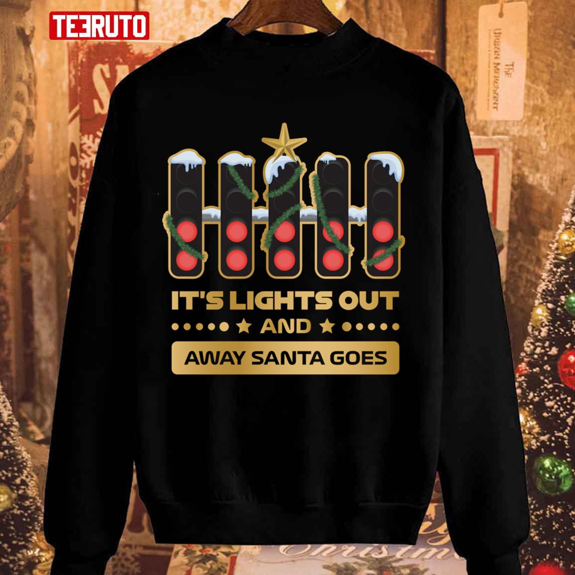 It’s Lights Out And Away Santa Goes Xmas Collection Gold F1 Christmas Unisex Sweatshirt