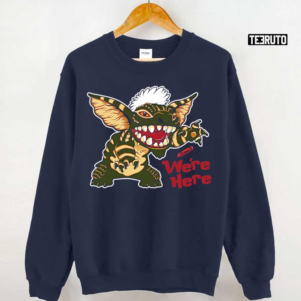 We’re Here Gremlins Stripe Stitch 80’s Cult Movie Unisex Sweatshirt