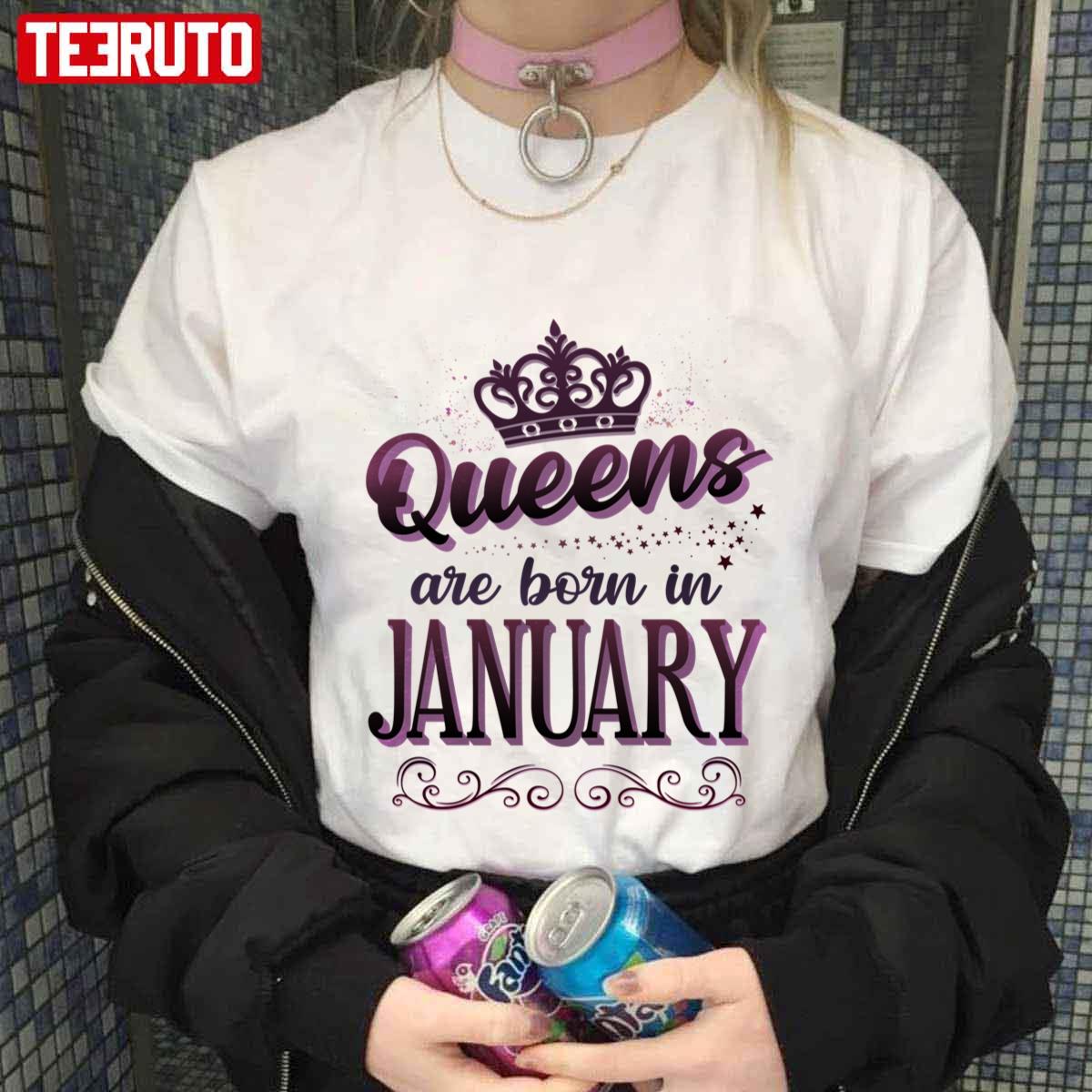 White Ver Queens Are Born In January Cute Pink Flourish Design Unisex T-shirt