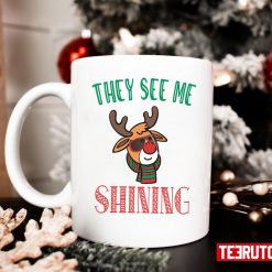 Rudolph Reindeer They See Me Shining Red Glasses Merry Xmas Christmas 11 oz Ceramic