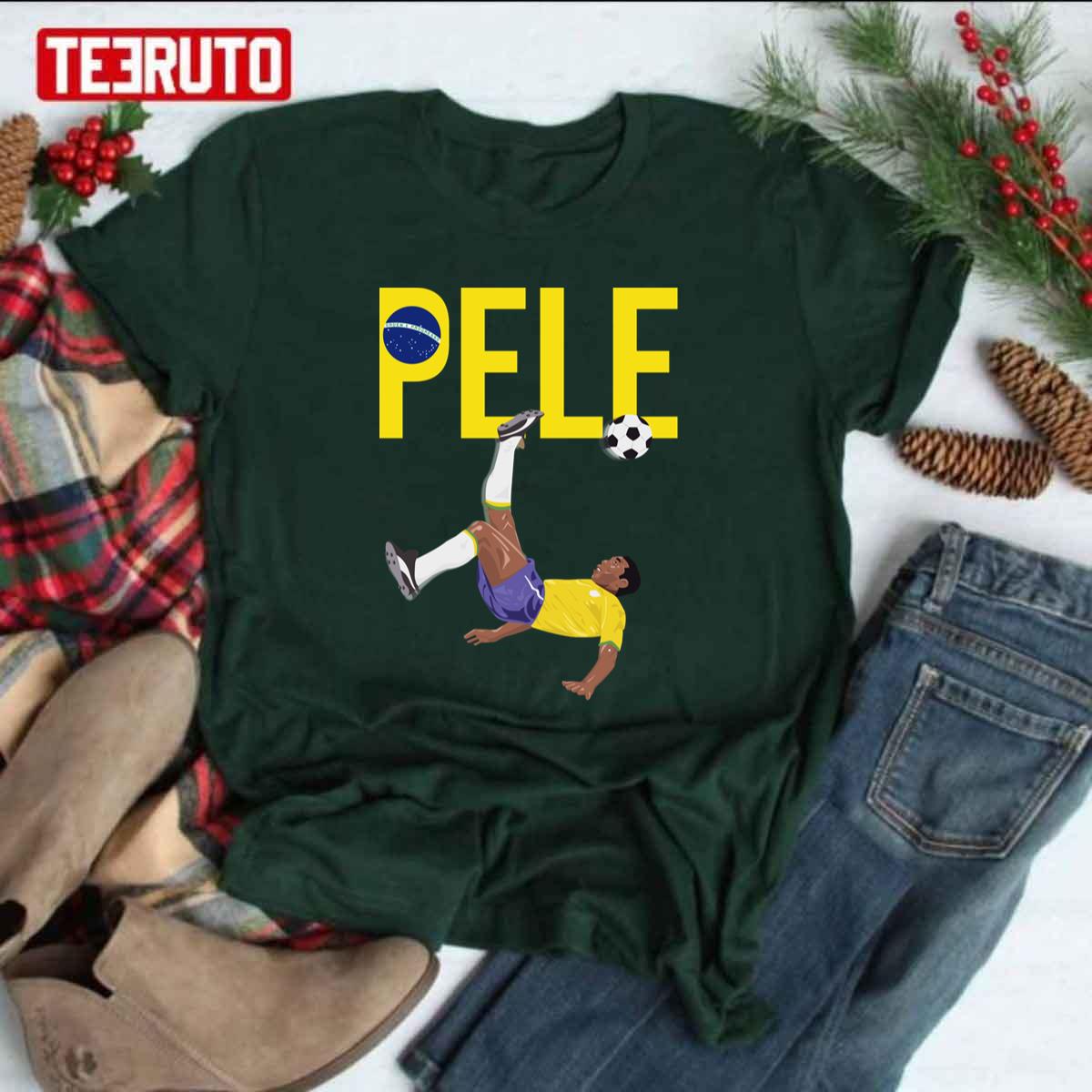 Bicycle Kick Pele Soccer Football Brazil Globe Flag Yellow Text Unisex T-Shirt