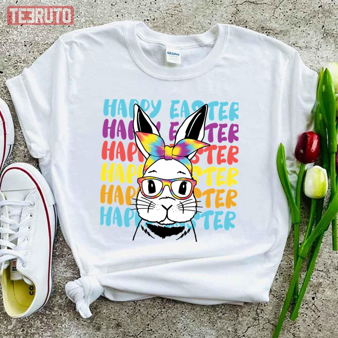 Leopard Bunny Rabbit Face Head Cute Easter Day Women Girls Rainbow Colored Unisex T-shirt