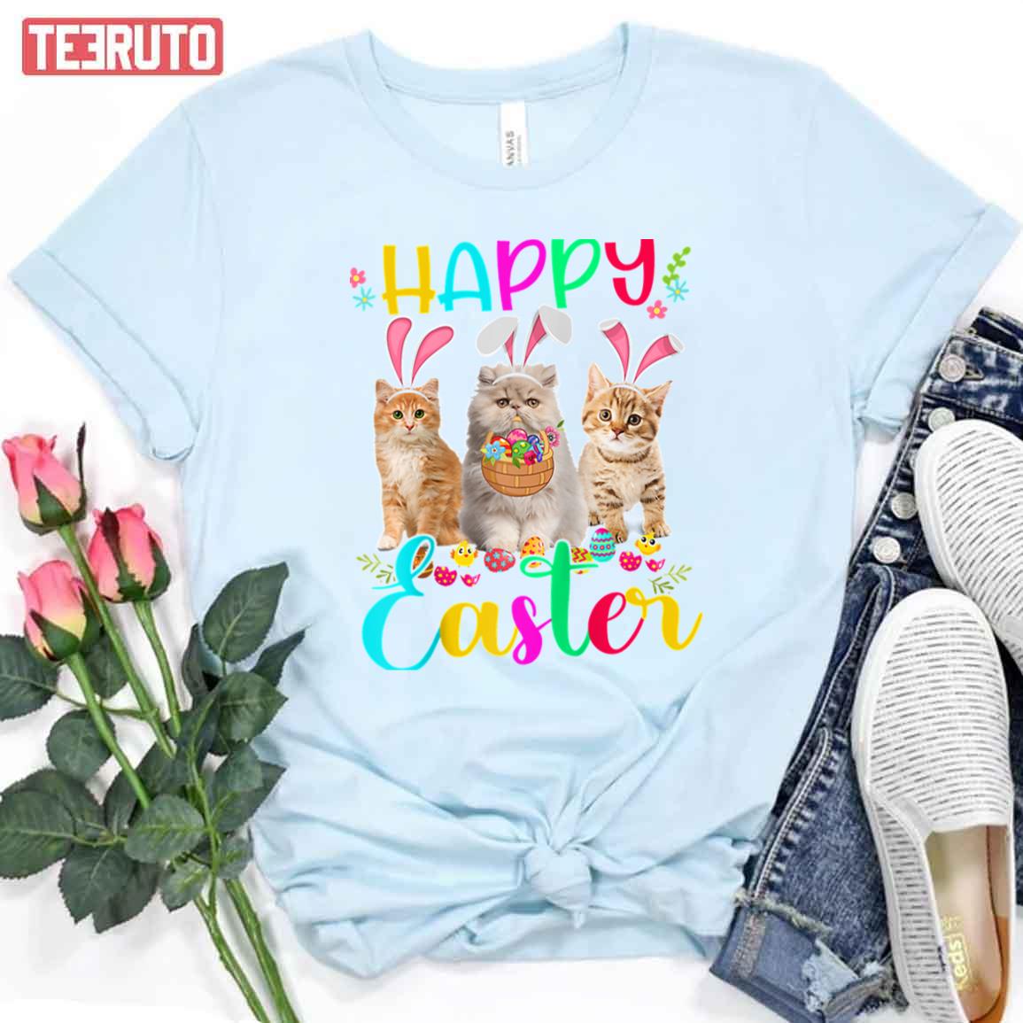 Three Cat Wearing Bunny Ear Bunny Cat Lover Raglan Baseball Happy Easter Unisex T-shirt