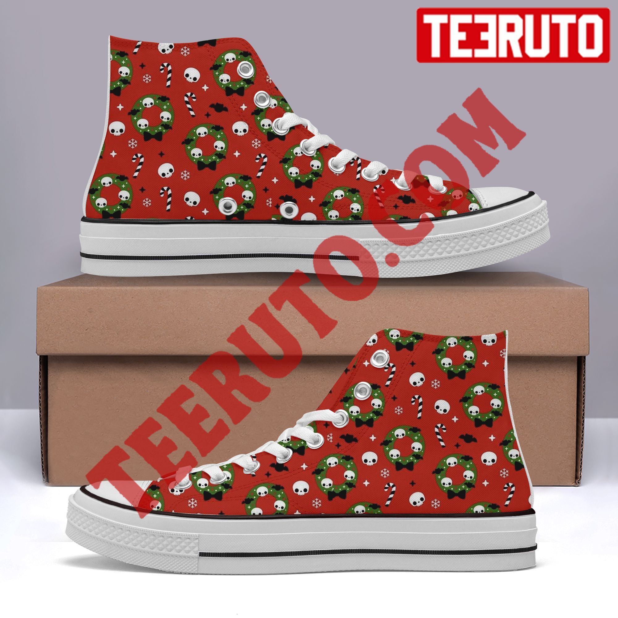 Skulls Pattern Christmas Red Xmas Design Halloween Holiday High Top Retro Shoes