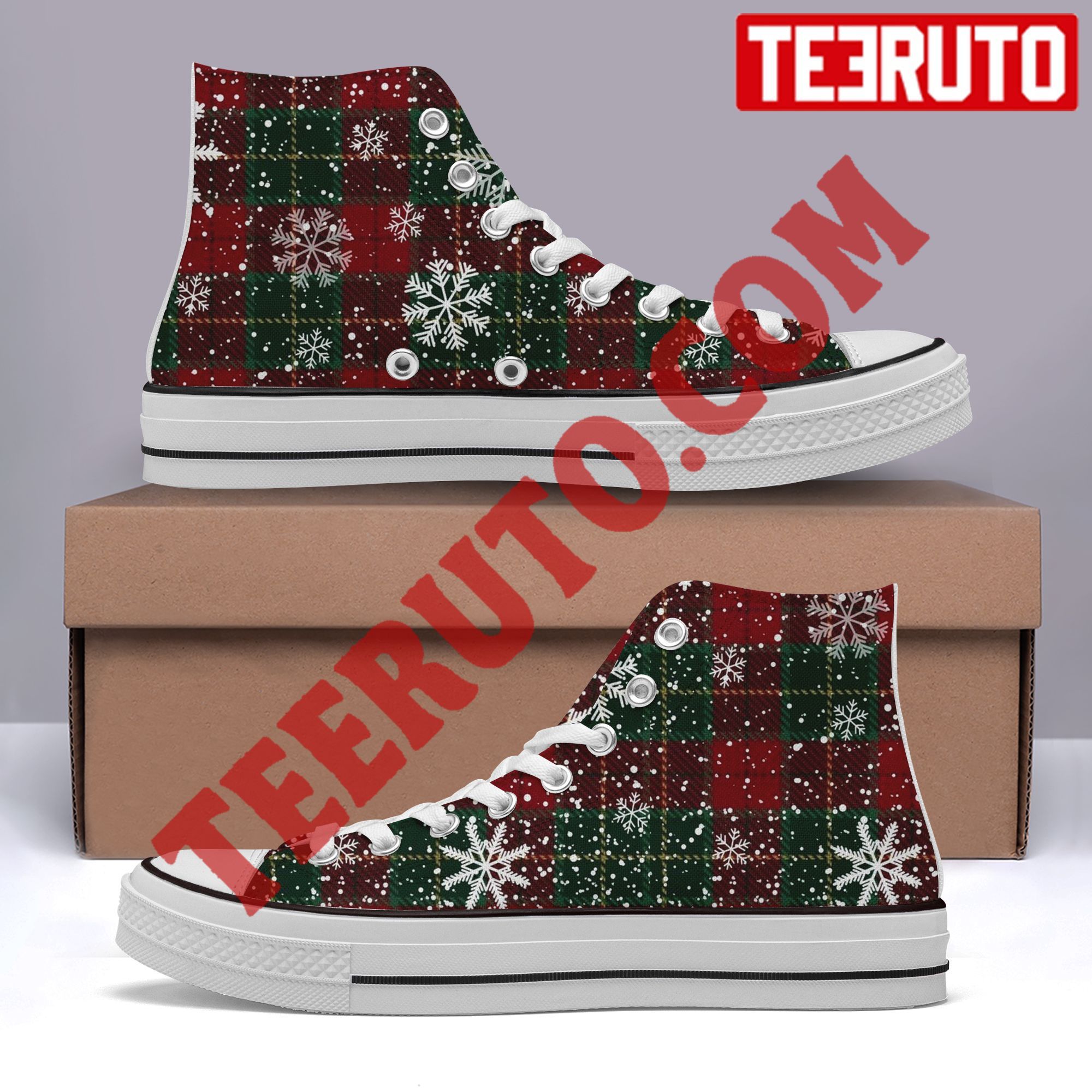 Snowflakes Christmas Background Plaid Christmas Xmas Vintage High Top Retro Shoes