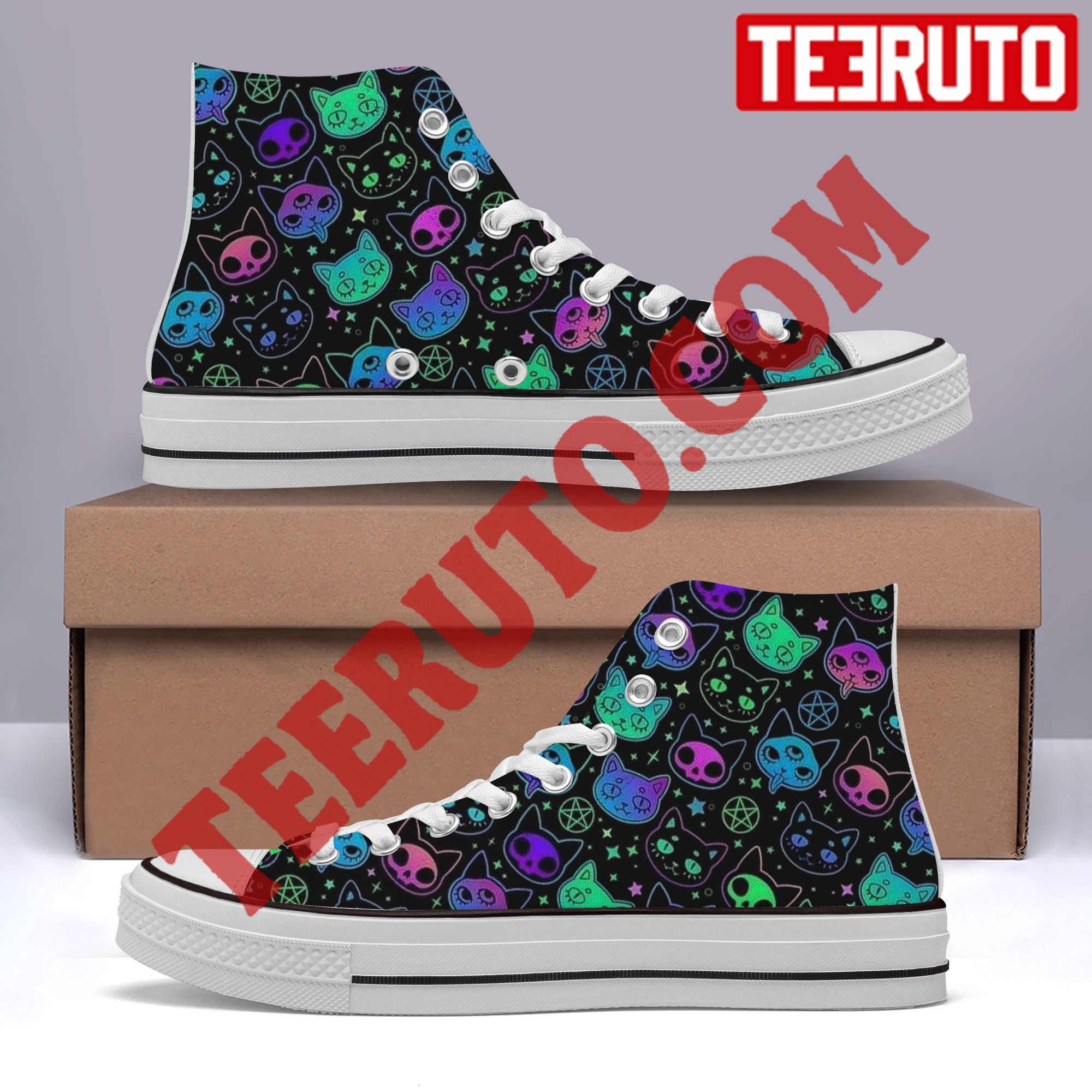 Spooky Cats Pattern For Halloween Trick Or Treat High Top Retro Shoes