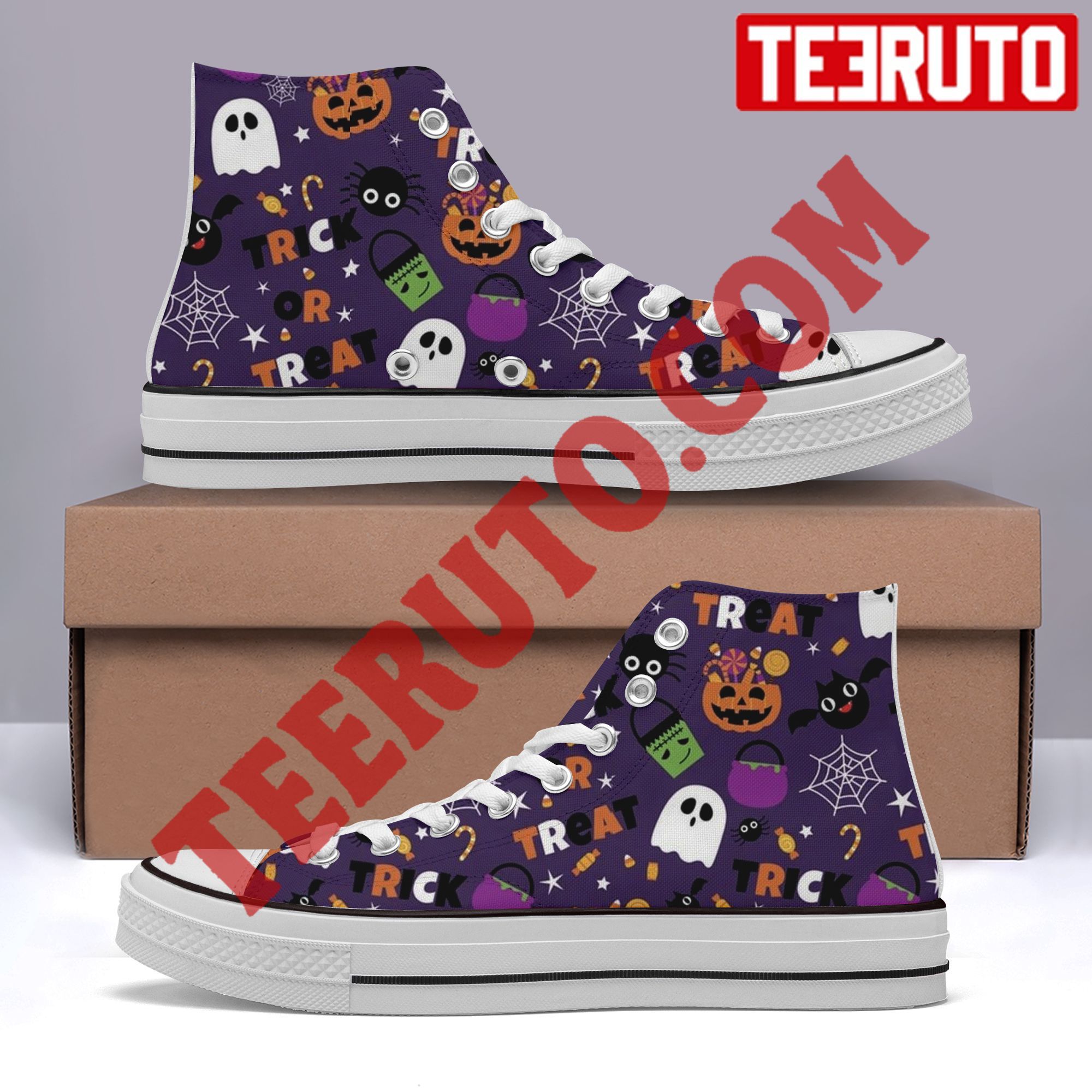 Trick Or Treat Purple Halloween Witch Pumpkin High Top Retro Shoes