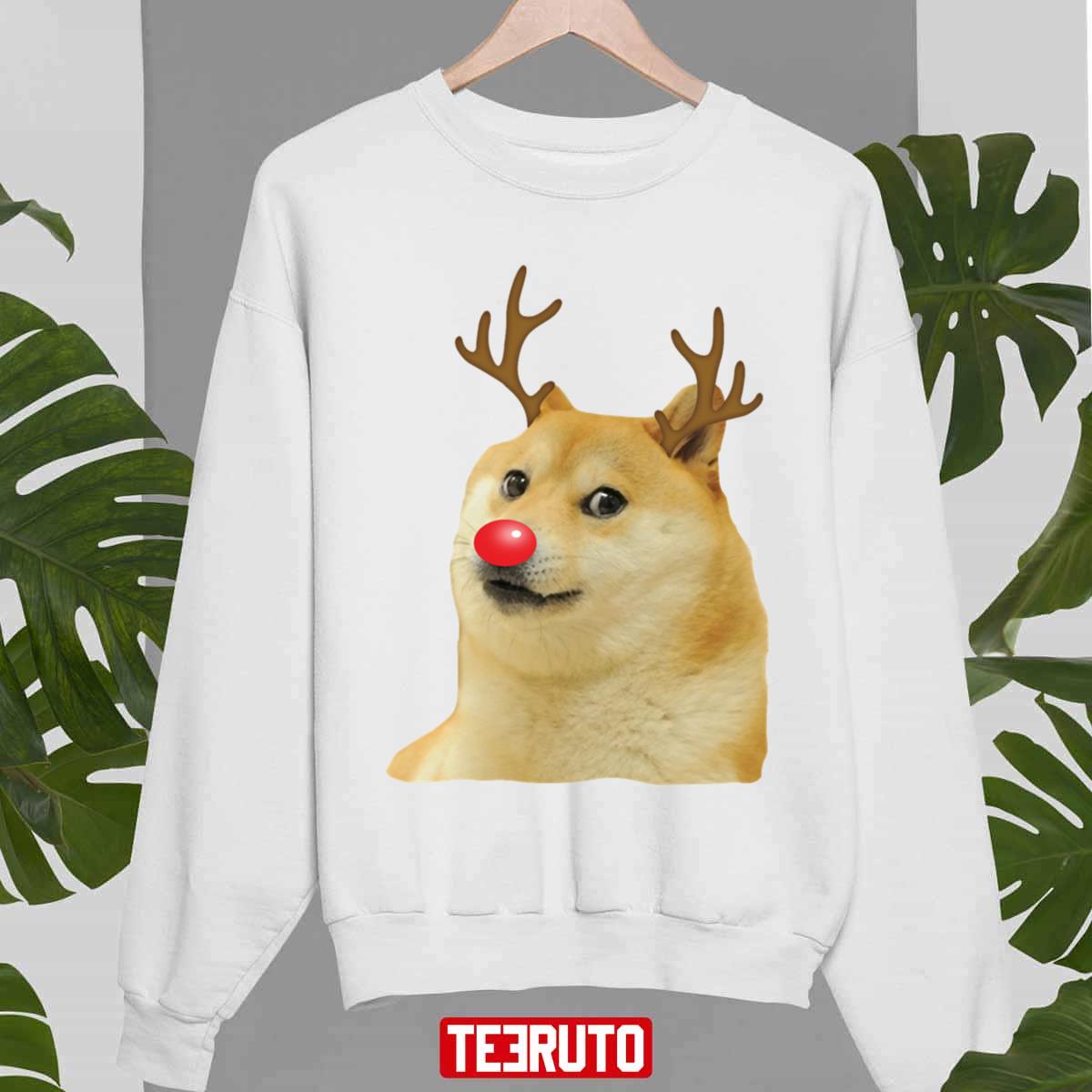 Christmas Doge Meme Doggo Holiday Season Antlers And Red Nose Unisex Sweatshirt