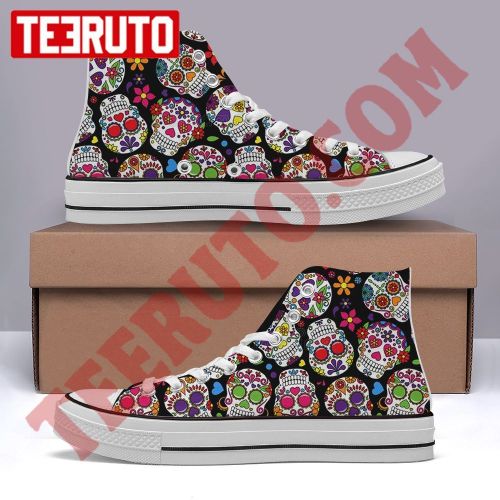 Day Of The Dead Sugar Skull Seamless Halloween High Top Retro Shoes