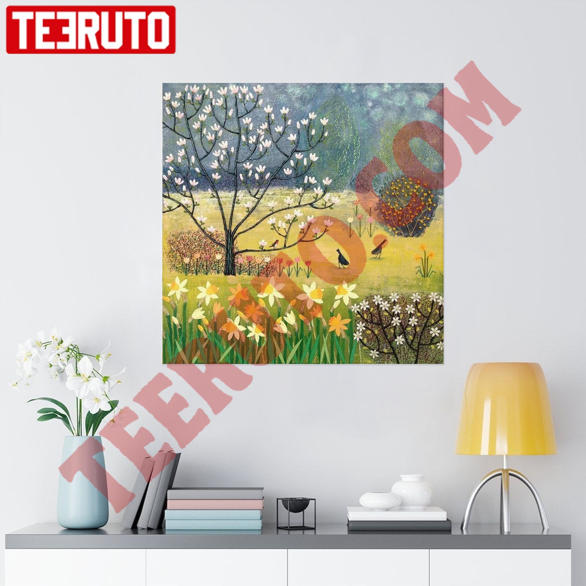 English Country Garden In Spring With Daffodils Square Canvas