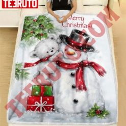 Merry Christmas Cute Polar Bear Fixing A Hat To Smiling Snowman Fleece Blanket