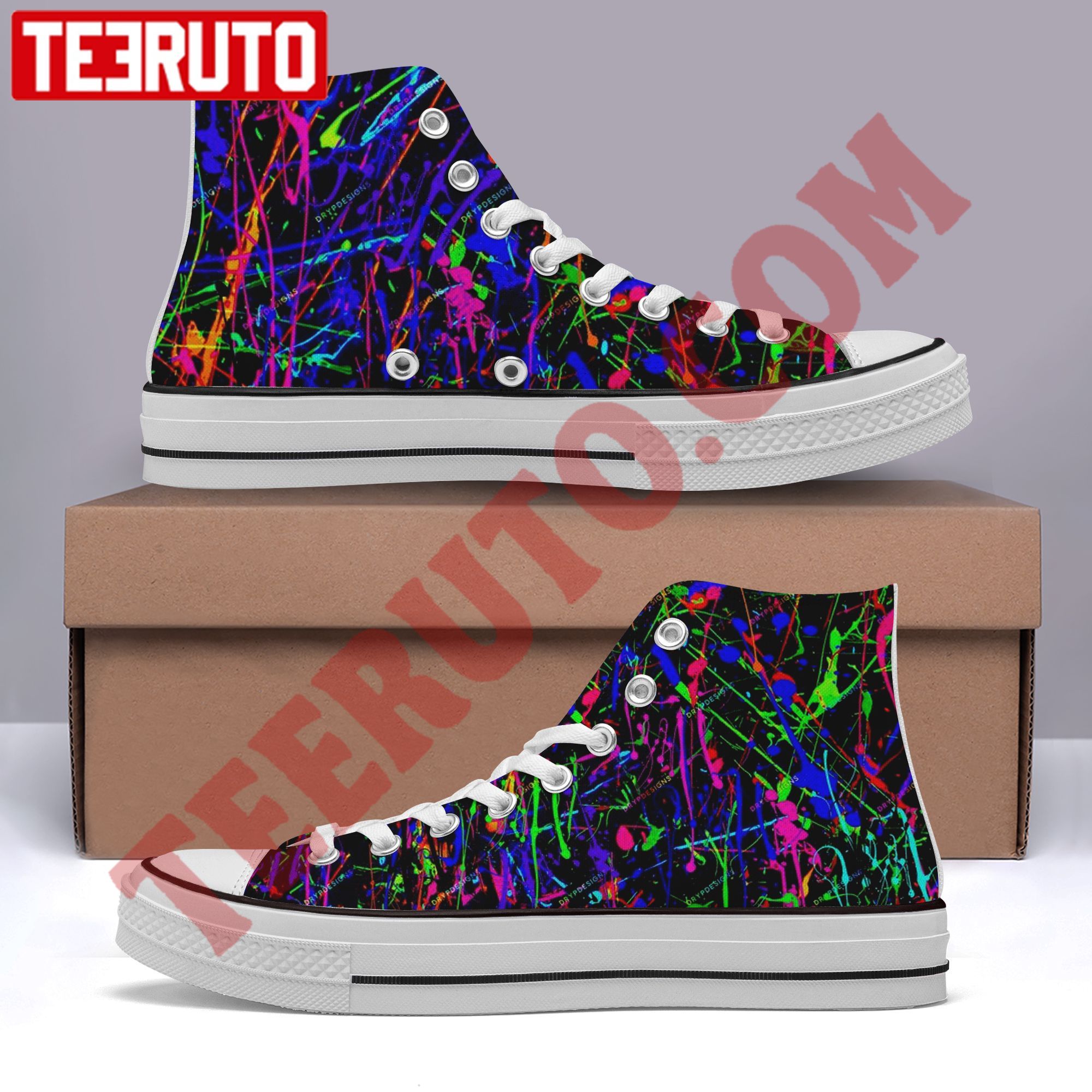 Rainbow Neon Paint Splatter Seamless High Top Retro Shoes