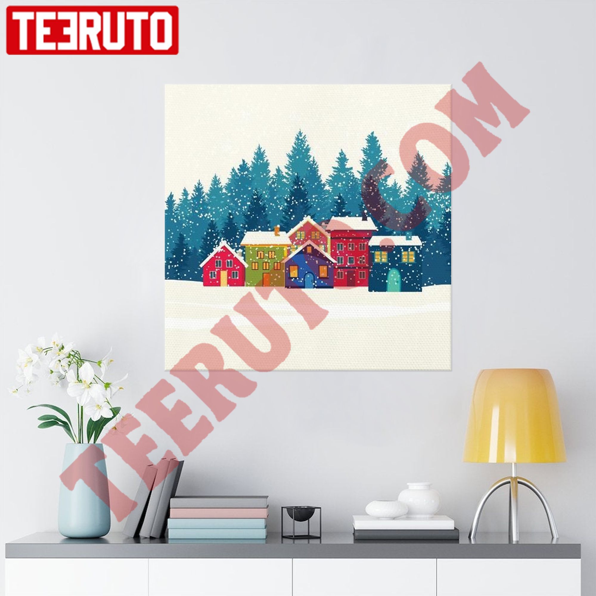 Winter Mountain Houses Christmas Square Canvas