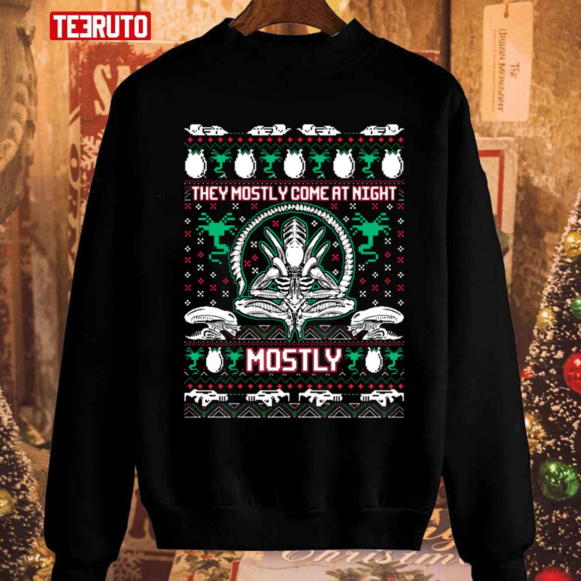 Aliens Ugly Christmas Sweater They Mostly Come At Night Unisex Sweatshirt