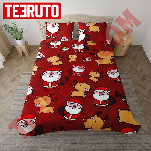 Chibi Santas And His Reindeer In Christmas Pattern Bedding Sets