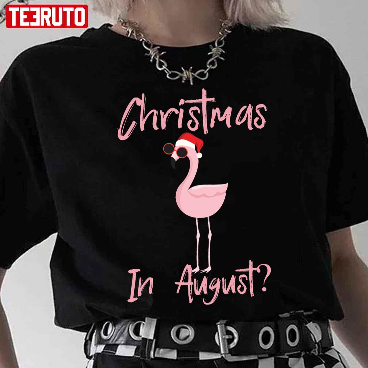Christmas In August Flamingo In Santa Hat Unisex T-Shirt