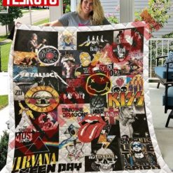 Classic Rock Band Names Logos Collage Quilt Blanket