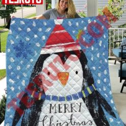 Cute Peguine With Red Hat Merry Christmas Quilt Blanket