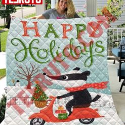 Cute Weasel Driving In Christmas Snow Day Quilt Blanket