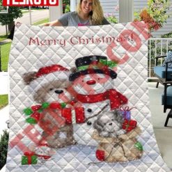 Merry Christmas Bear With Snowman And Friends Quilt Blanket