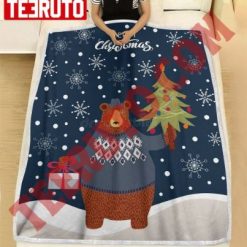 Merry Christmas Vector Doodle Bear On A Blue Fleece Blanket
