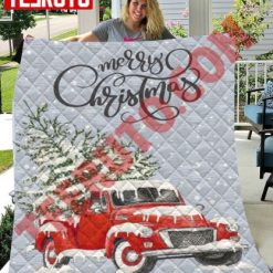 Vintage Red Car Picks Up Xmas Tree Christmas Snow Quilt Blanket