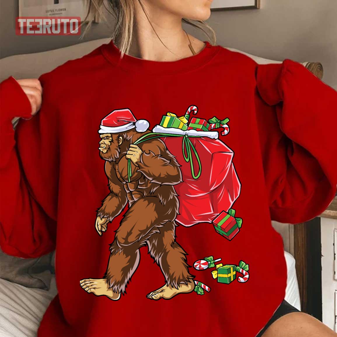 Bigfoot Santa Christmas Hat Carrying Christmas Sasquatch Unisex Sweatshirt