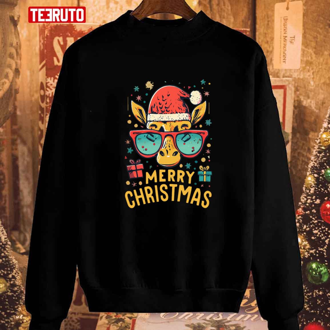 Cheerful Christmas Giraffe With Glasses Merry Christmas Unisex Sweatshirt