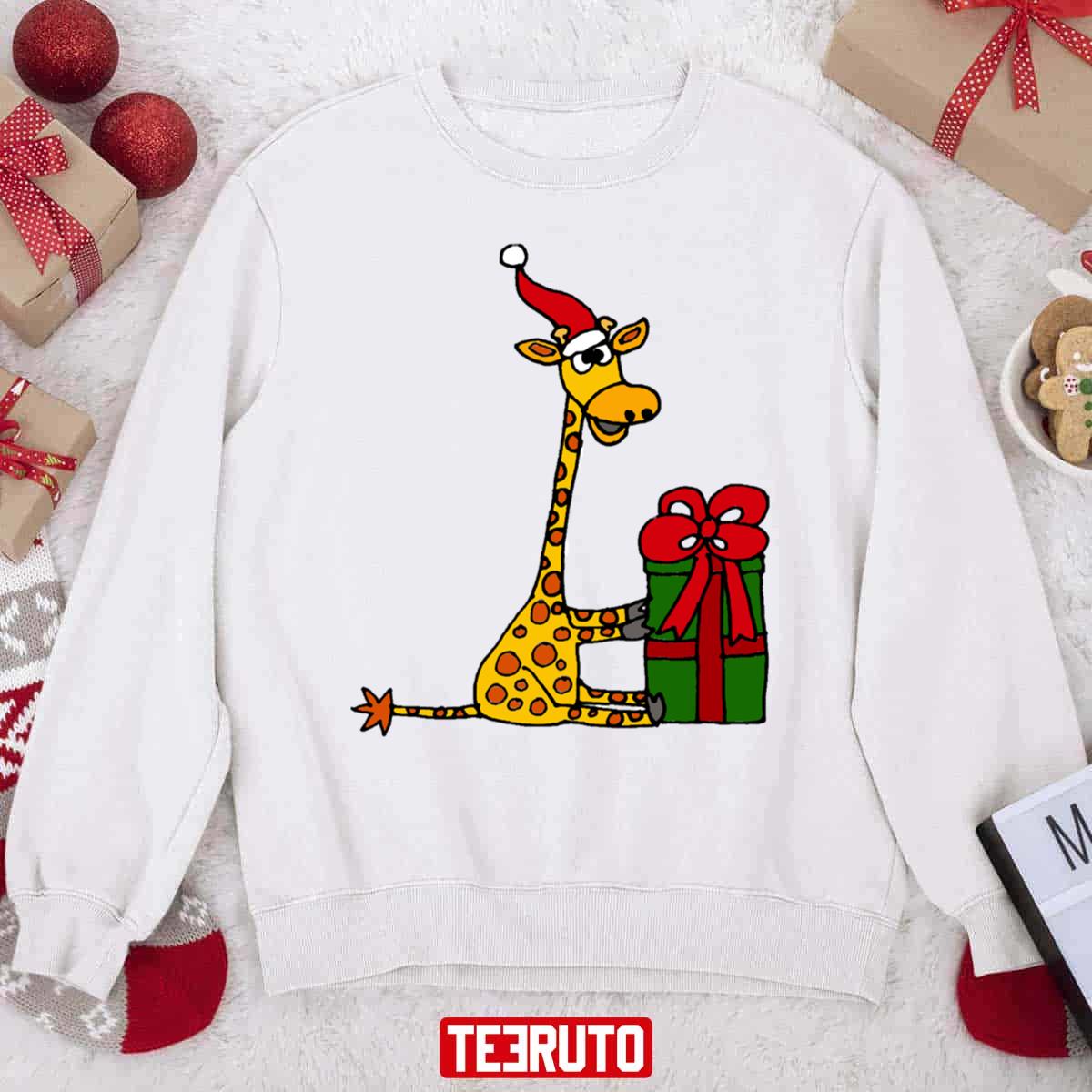 Cool Funny Giraffe Opening Christmas Package Unisex Sweatshirt