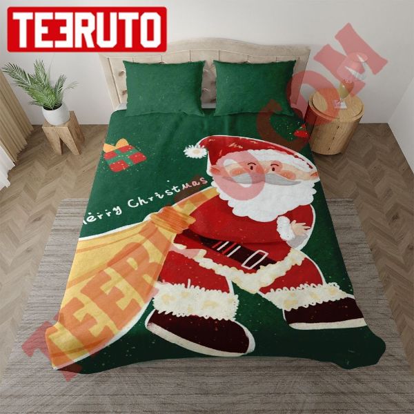 Cute Santa Art In Christmas Green Back Bedding Sets