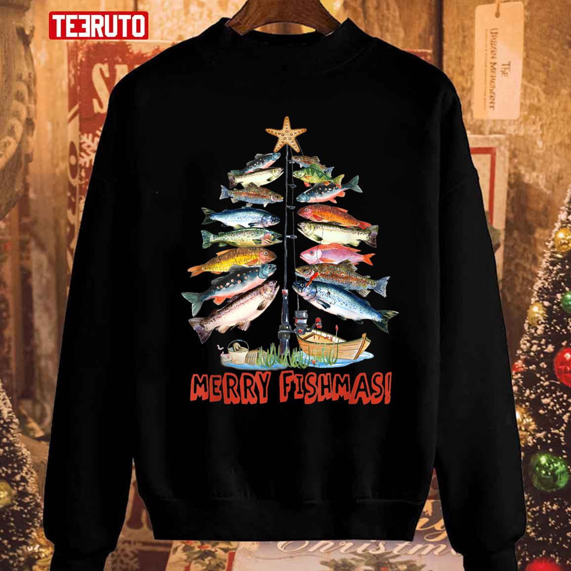 Merry Fishmas Christmas Tree Fish Funny Fishing Unisex Sweatshirt
