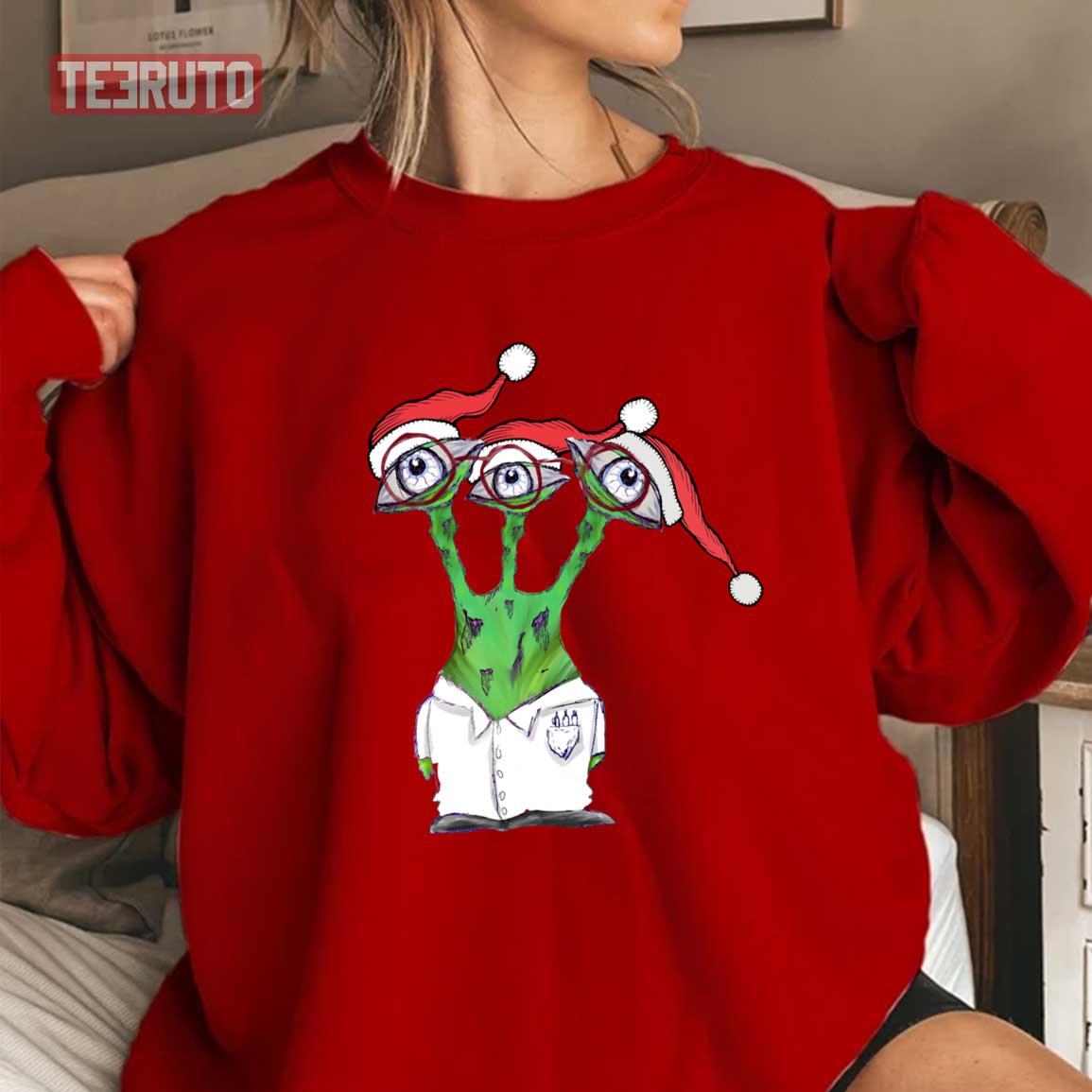 Three Eyed Green Alien Scientists Christmas 2023 Unisex Sweatshirt