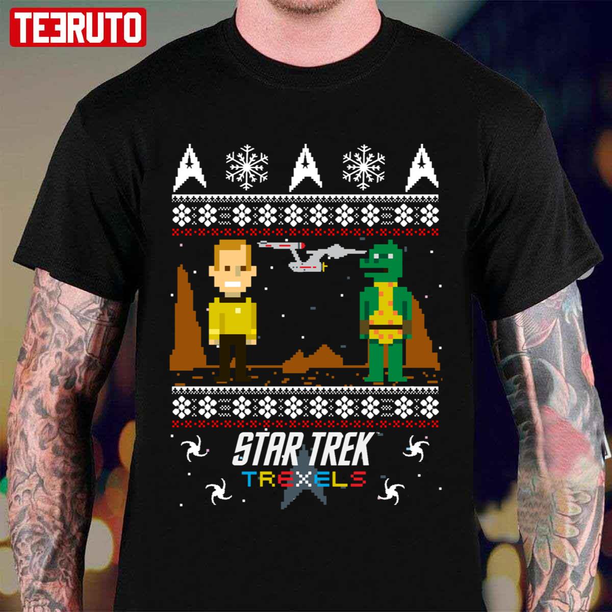 Trexels Pixelated Captain Kirk Christmas Star Trek Unisex T-Shirt