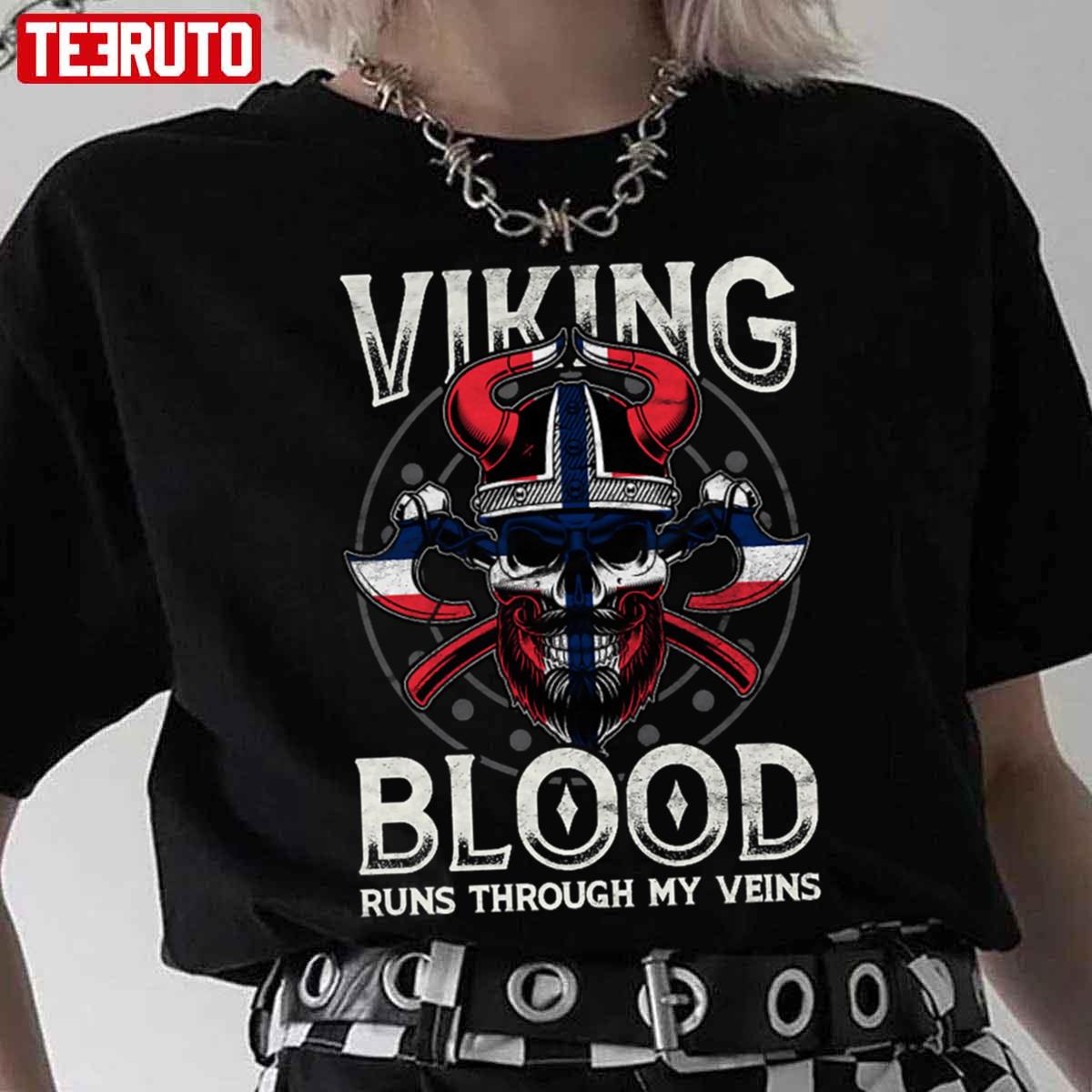 Viking Blood Norwegen Flag Skull Norwegian Unisex T-Shirt